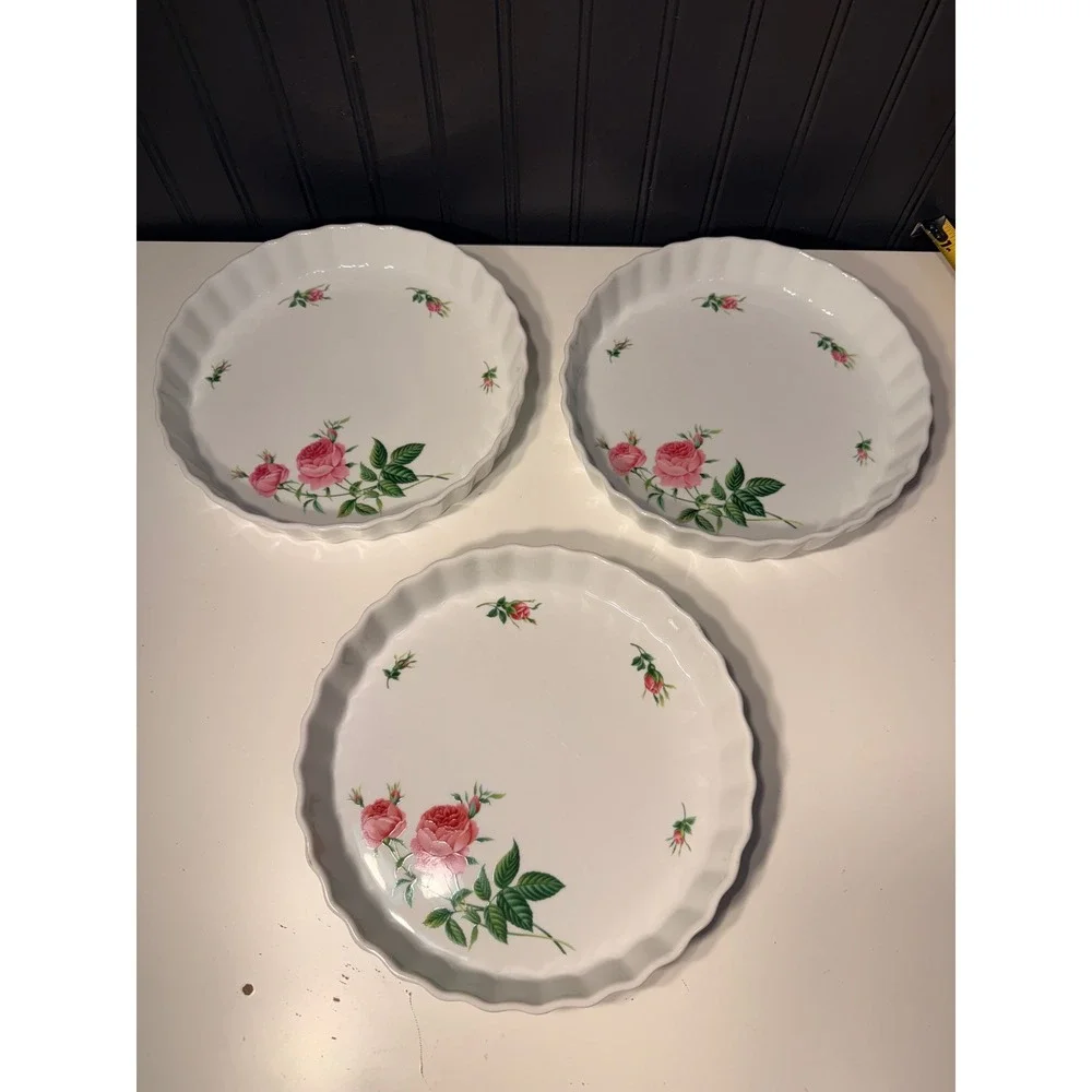 Set of 3 Christineholm Rose Floral Porcelain Quiche Tart Pans 9.5 Inch Fluted